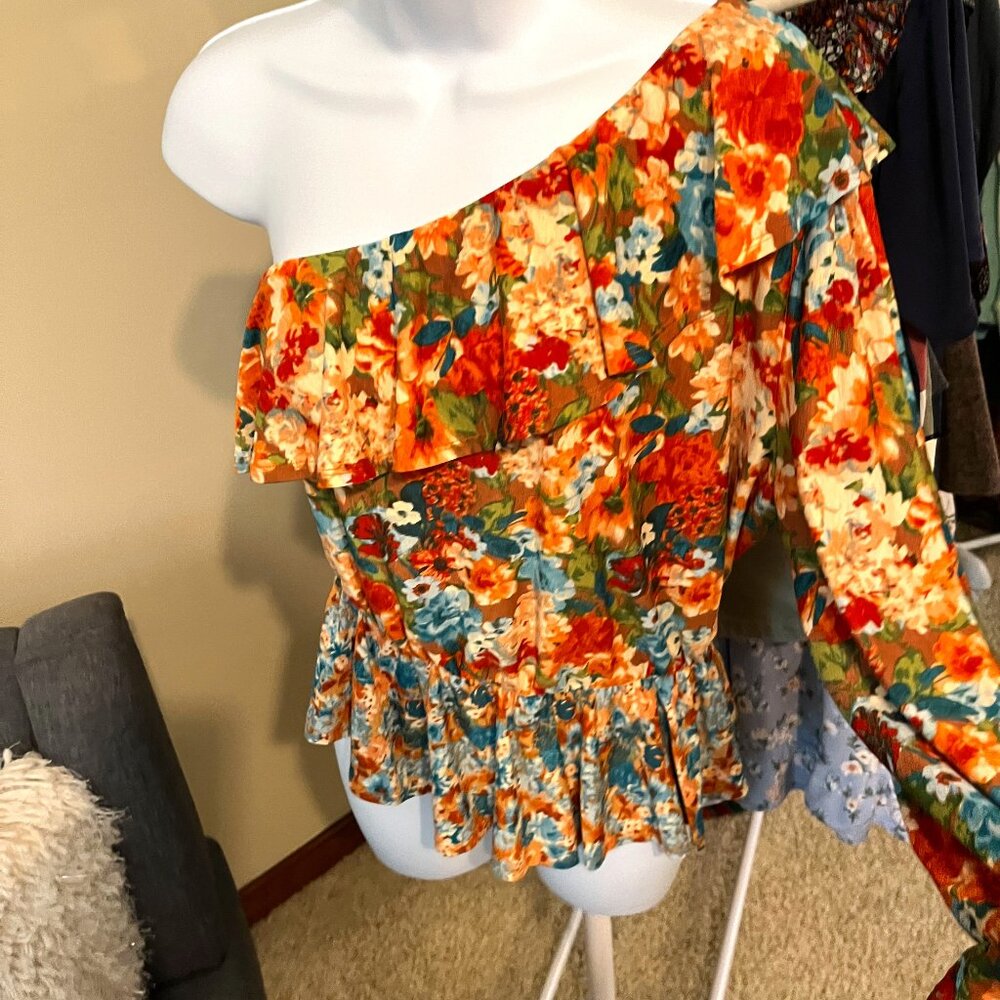 WOMEN'S CATO ONE SHOULDER SHIRT SIZE M MULTICOLOR BOHEMIAN TOP EXCELLENT